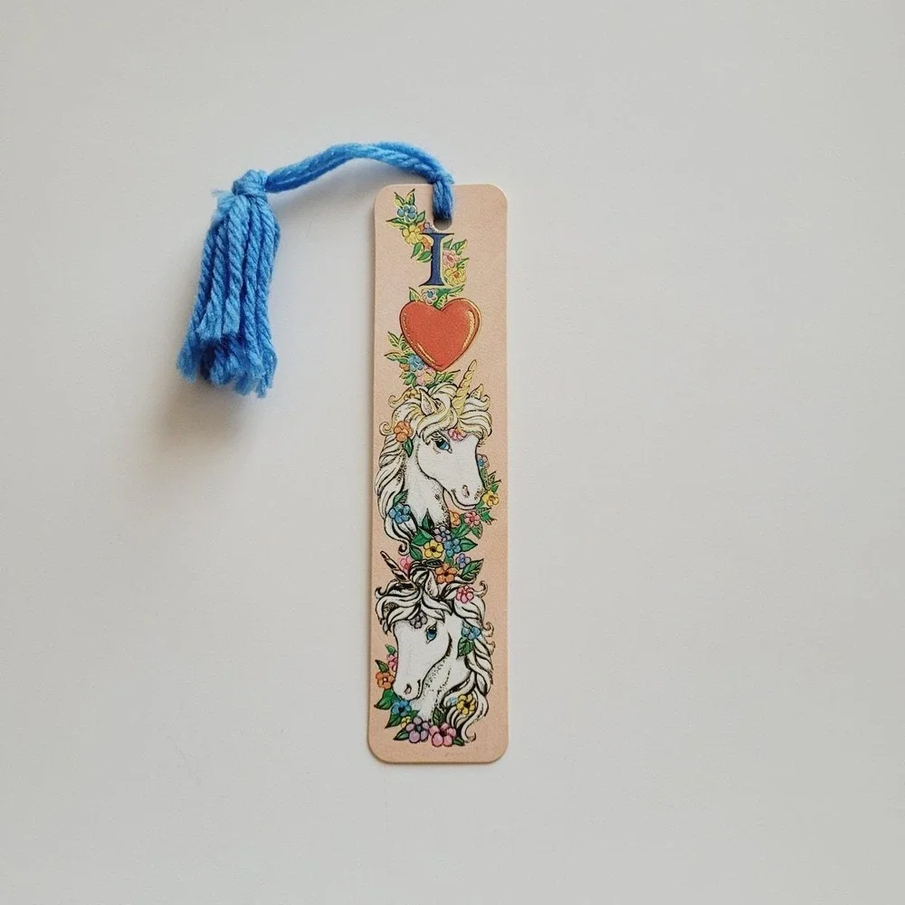 Vintage 80s Bookmark I Love Unicorns Heart Fairy Gold Embossed 1985 Antioch H613